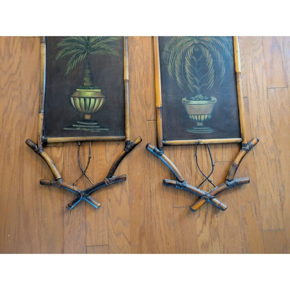 Set of 2 Bamboo Palm Tree Wall Art Tropical Decor Bombay Company 41‎ x 16 In